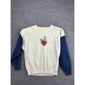 VINTAGE Looney Tunes Sweatshirt Mens Small Cream Navy Crewneck Made USA 90s